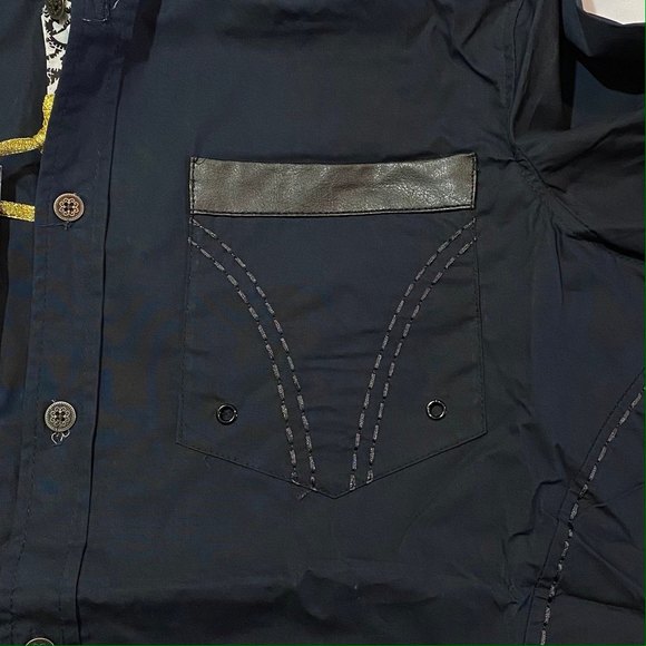 Platini Men’s Military Button Down Shirt w/ Faux Leather & Paisley Trim Size M - Picture 9 of 14